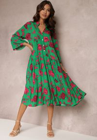 Renee - Zielona Rozkloszowana Sukienka w Kwiaty Onilio. Kolor: zielony. Wzór: kwiaty. Długość: midi