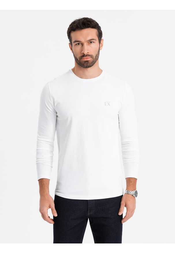 Ombre Clothing - Męski longsleeve SLIM FIT z elastanem i printem – biały V2 - Rozmiar: S. Okazja: na co dzień. Kolor: biały. Materiał: elastan. Długość rękawa: długi rękaw. Wzór: nadruk. Styl: casual