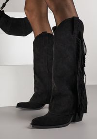 Born2be - Czarne Kozaki Kowbojki na Obcasie z Wywiniętą Cholewką z Frędzlami Monasatia. Okazja: do pracy. Kolor: czarny. Materiał: dzianina, jeans. Szerokość cholewki: normalna. Wzór: aplikacja. Obcas: na obcasie. Styl: klasyczny, elegancki. Wysokość obcasa: średni