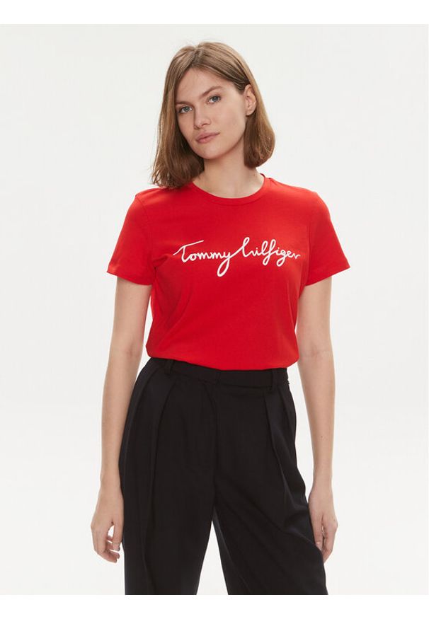 TOMMY HILFIGER - Tommy Hilfiger T-Shirt Signature WW0WW41674 Czerwony Regular Fit. Kolor: czerwony. Materiał: bawełna