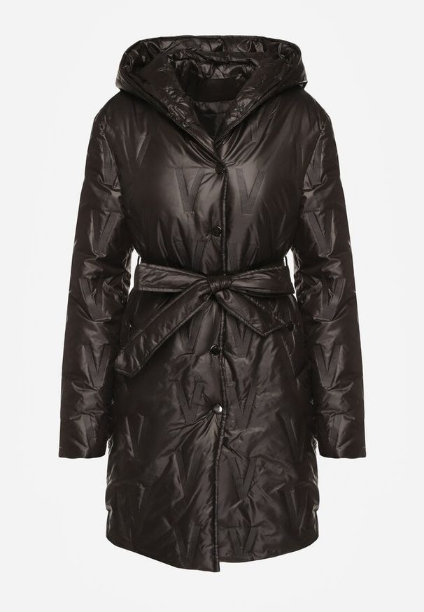 Renee - Czarna Pikowana Kurtka z Kapturem i Wiązanym Paskiem Elladie. Okazja: na co dzień. Typ kołnierza: kaptur. Kolor: czarny. Materiał: dzianina, jeans. Styl: casual