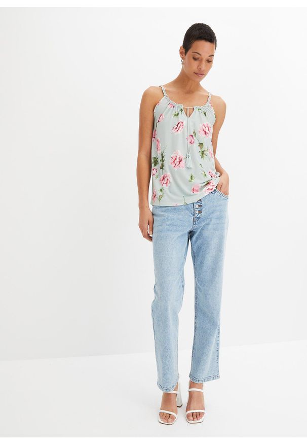 bonprix - Top na cienkich ramiączkach. Kolor: niebieski. Materiał: koronka. Długość rękawa: na ramiączkach. Wzór: aplikacja, koronka, kwiaty