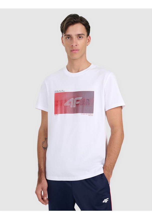 4f - 4F T-shirt regular z nadrukiem męski - biały XL. Okazja: na co dzień. Kolor: biały. Materiał: bawełna, materiał. Wzór: nadruk. Styl: casual
