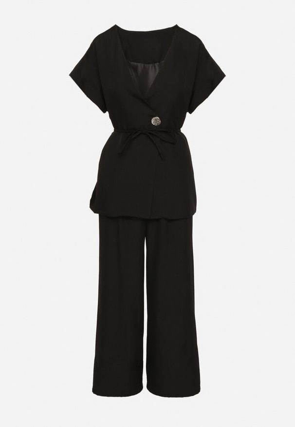 Born2be - Czarny Garniturowy Komplet Marynarka z Paskiem i Szerokie Spodnie Milsedi. Kolor: czarny