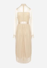 Born2be - Jasnobeżowa Rozkloszowana Sukienka Maxi z Siateczki Ozdobiona Koronką Vireln. Kolor: beżowy. Materiał: koronka. Wzór: aplikacja, koronka. Długość: maxi #7