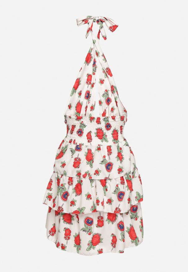 Born2be - Biała Sukienka Wiązana na Szyi w Kwiatowy Print z Falbankami Virivia. Typ kołnierza: kołnierz z falbankami. Kolor: biały. Materiał: jeans. Wzór: nadruk, kwiaty. Styl: elegancki