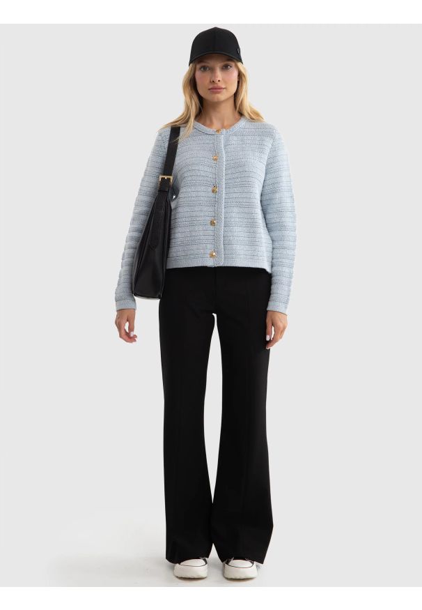 Big-Star - Sweter damski z ozdobnymi guzikami blękitny Marinara 400. Okazja: na co dzień. Kolor: niebieski. Materiał: jeans, dzianina. Wzór: prążki. Sezon: jesień. Styl: elegancki, casual, klasyczny