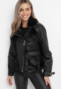 Born2be - Czarna Kurtka z Imitacji Skóry Ozdobiona Futerkiem Coumballe. Kolor: czarny. Materiał: skóra, futro. Wzór: aplikacja #3
