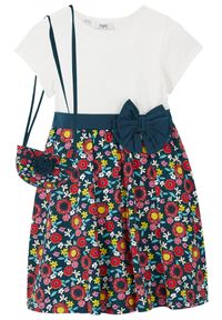 bonprix - Sukienka shirtowa + torebka (2 części), z czystej bawełny organicznej. Kolor: biały. Materiał: bawełna. Długość rękawa: krótki rękaw. Wzór: kwiaty, kolorowy, nadruk, aplikacja. Długość: midi #1