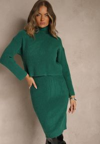 Renee - Ciemnozielony 2-częściowy Komplet z Wełną Sweter i Sukienka Midi Laninel. Kolor: zielony. Materiał: wełna