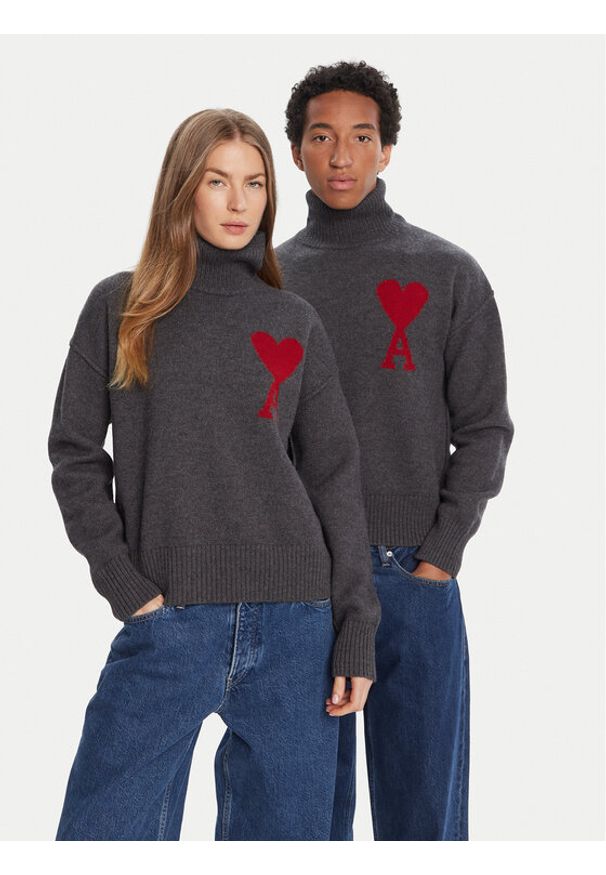 AMI PARIS Sweter BFUKS006.018 Szary Regular Fit. Kolor: szary. Materiał: wełna