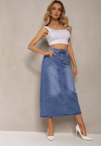 Renee - Niebieska Spódnica High Waist Ołówkowa z Przejaśnieniami na Jeansowym Materiale Carolea. Okazja: na co dzień. Stan: podwyższony. Kolor: niebieski. Materiał: jeans, materiał. Styl: casual, klasyczny #1