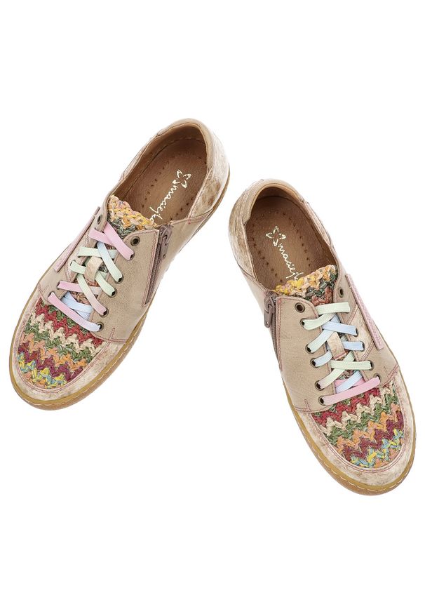 Beżowe Sneakersy Maciejka Stylowe Obuwie Damskie Z Kolorowymi Sznurówkami. Okazja: na spacer, na co dzień. Kolor: beżowy. Materiał: skóra. Szerokość cholewki: normalna. Wzór: kolorowy. Sport: turystyka piesza
