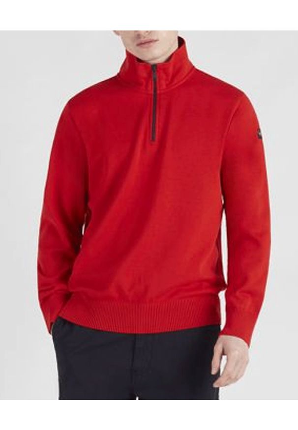 PAUL & SHARK - Czerwony sweter z kołnierzem. Kolor: czerwony. Materiał: jeans, bawełna. Długość rękawa: długi rękaw. Długość: długie. Wzór: aplikacja. Styl: sportowy