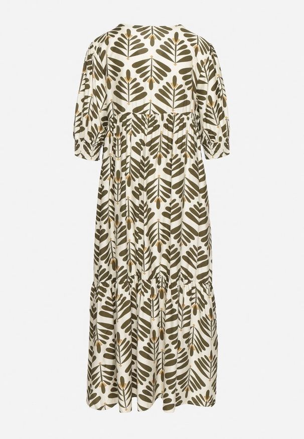 Born2be - Zielona Rozkloszowana Sukienka z Wiskozą z Motywem Roślinnym Loredia. Okazja: na co dzień. Typ kołnierza: dekolt w kształcie V. Kolor: zielony. Materiał: wiskoza. Długość rękawa: krótki rękaw. Wzór: aplikacja. Styl: casual, elegancki