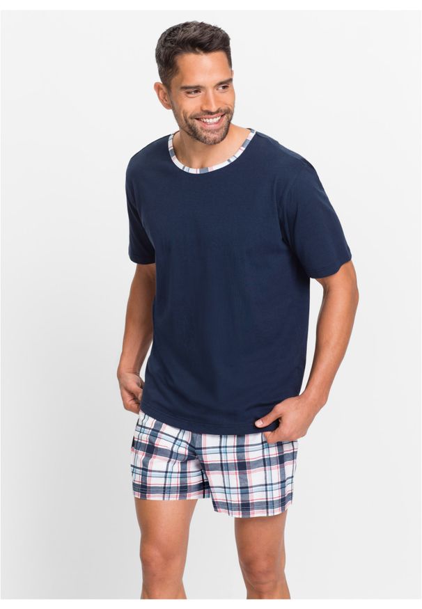 bonprix - Piżama z krótkimi spodniami. Kolor: niebieski. Długość: krótkie. Wzór: gładki