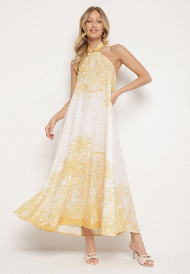 Born2be - Żółta Sukienka z Wiskozą i Motywem Palm z Wiązaniem Izomara. Okazja: na spacer, na co dzień. Kolor: żółty. Materiał: wiskoza. Sezon: lato. Styl: casual, elegancki