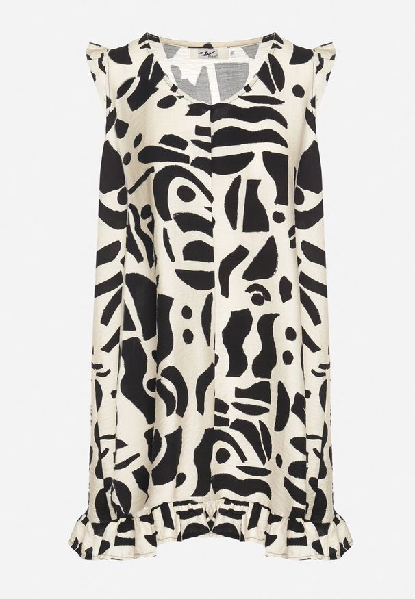 Born2be - Czarna Sukienka o Rozkloszowanym Kroju z Dekoltem w Serek w Abstrakcyjny Wzór Mevondra. Okazja: na co dzień. Typ kołnierza: dekolt w serek. Kolor: czarny. Materiał: jeans, skóra. Długość rękawa: bez rękawów. Styl: elegancki, casual