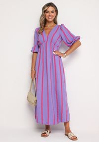 Born2be - Fioletowo-Różowa Taliowana Sukienka z Bawełny z Motywem Pasków Rivettes. Okazja: do pracy, na co dzień. Typ kołnierza: dekolt w kształcie V. Kolor: fioletowy. Materiał: bawełna. Wzór: aplikacja. Typ sukienki: proste. Styl: klasyczny, casual, elegancki #7