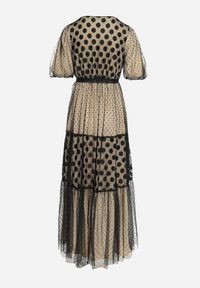 Born2be - Beżowo-Czarna Tiulowa Sukienka Maxi z Paskiem Falbankami i Bufiastymi Rękawami Zelari. Typ kołnierza: kołnierz z falbankami. Kolor: beżowy. Materiał: tiul. Długość: maxi #6