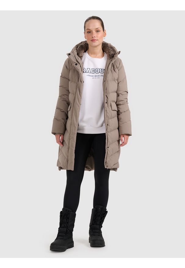 4f - 4F Płaszcz puchowy z wypełnieniem naturalnym damski - beżowy XXL. Okazja: na co dzień. Typ kołnierza: kaptur. Kolor: beżowy. Materiał: puch. Długość: do kolan. Sezon: zima. Styl: casual