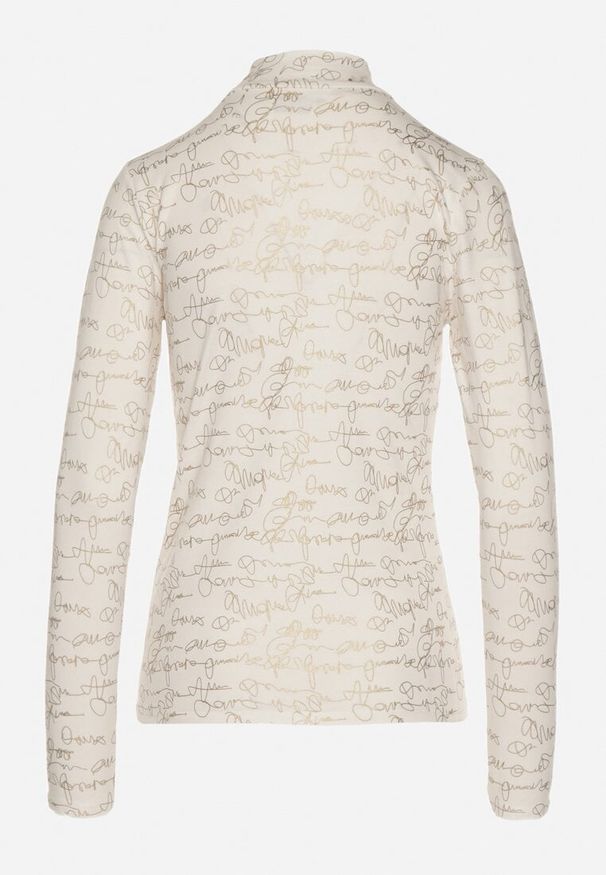 Born2be - Biała Bluzka z Bawełny w Stylu Longsleeve z Półgolfem w Literowy Nadruk Azelenia. Okazja: na co dzień. Kolor: biały. Materiał: bawełna. Długość rękawa: długi rękaw. Wzór: nadruk. Styl: casual