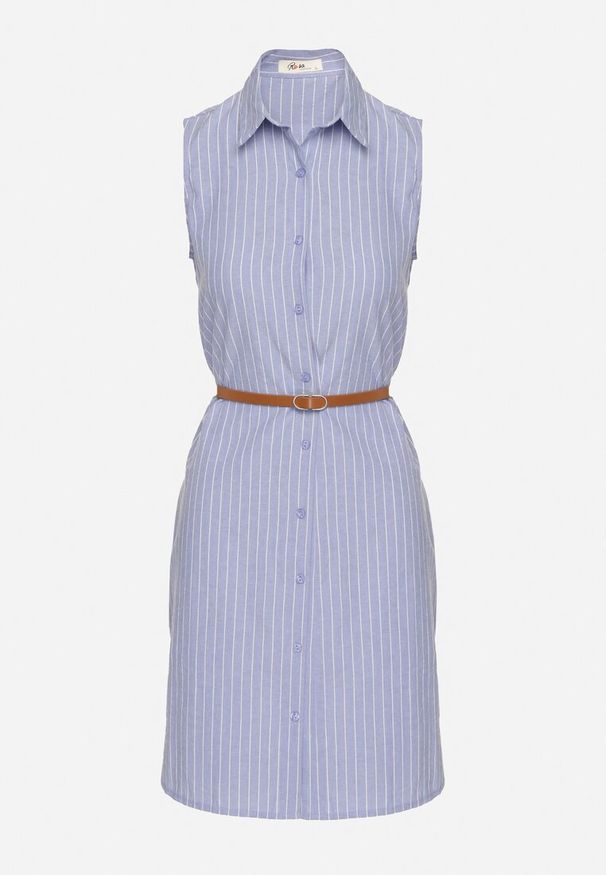 Born2be - Granatowa Koszulowa Sukienka Bez Rękawów z Bawełny z Paskiem z Klamrą Mepea. Okazja: na co dzień. Kolor: niebieski. Materiał: bawełna. Długość rękawa: bez rękawów. Typ sukienki: koszulowe. Styl: casual, elegancki, klasyczny