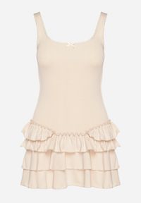 Born2be - Beżowa Sukienka z Wiskozą Ozdobiona Falbankami Ovinia. Okazja: na co dzień. Typ kołnierza: kołnierz z falbankami. Kolor: beżowy. Materiał: wiskoza. Długość rękawa: na ramiączkach. Wzór: aplikacja. Styl: casual #5