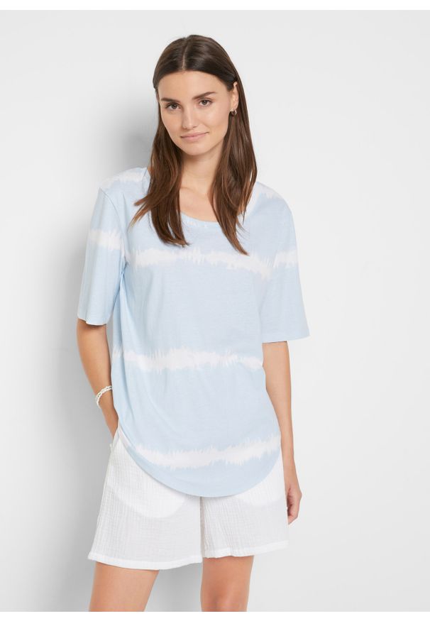 bonprix - Shirt bawełniany z batikowym nadrukiem, rękawy 1/2. Kolor: niebieski. Materiał: bawełna. Wzór: nadruk