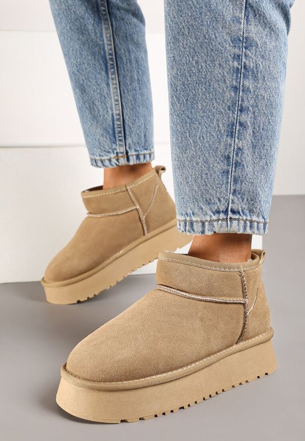 Born2be - Beżowe Śniegowce na Platformie z Naturalnego Zamszu Maziera. Okazja: na spotkanie biznesowe. Kolor: beżowy. Materiał: zamsz. Obcas: na platformie. Styl: elegancki, klasyczny, biznesowy