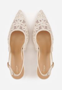 Renee - Beżowe Szpilki Slingback VICES z Siateczki Zdobione Haftem i Cekinami Eunoite. Nosek buta: szpiczasty. Zapięcie: pasek. Kolor: beżowy. Materiał: satyna. Wzór: haft, aplikacja. Obcas: na szpilce. Styl: klasyczny, elegancki #2