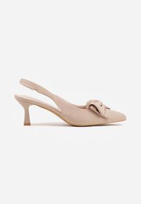 Renee - Beżowe Sandały Slingback na Kaczuszce Zdobione Aplikacją z Kokardą Teniane. Okazja: na co dzień. Zapięcie: pasek. Kolor: beżowy. Materiał: jeans. Wzór: aplikacja. Obcas: na szpilce. Styl: casual #4