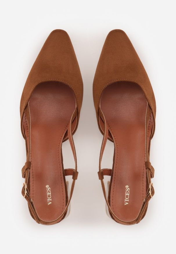 Renee - Brązowe Letnie Czółenka VICES w Stylu Slingback na Słupku Synossia. Okazja: na co dzień. Kolor: brązowy. Materiał: jeans. Sezon: lato. Obcas: na słupku. Styl: elegancki, casual