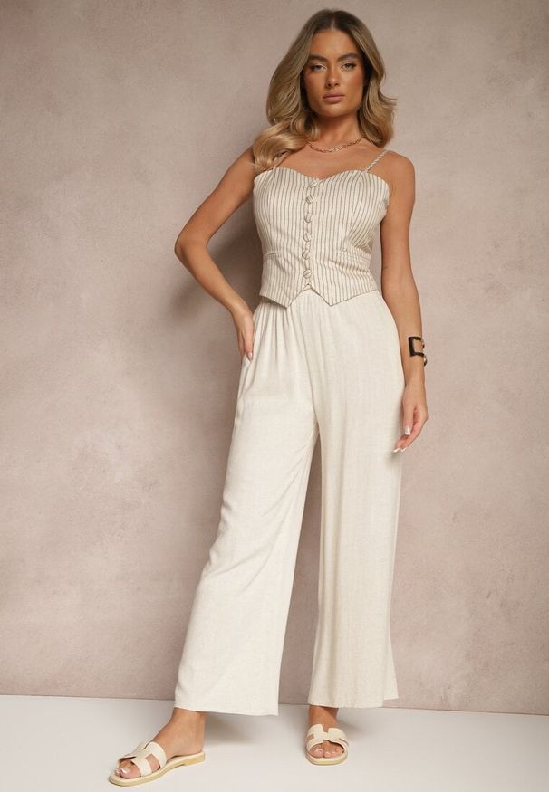 Renee - Beżowe Szerokie Spodnie z Lnem High Waist Sanitria. Okazja: na co dzień. Stan: podwyższony. Kolor: beżowy. Materiał: len. Styl: elegancki, casual