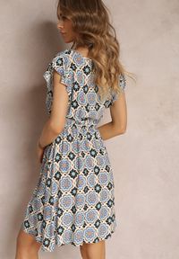 Renee - Niebiesko-Czarna Bawełniana Sukienka Mini w Mozaikowy Wzór z Gumką w Talii Fiyona. Kolor: niebieski. Materiał: bawełna. Długość: mini #5