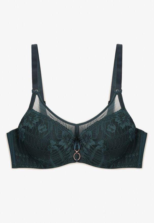 Born2be - Ciemnozielony Koronkowy Biustonosz z Usztywnianymi Miseczkami i Odpinanymi Ramiączkami Christial. Kolor: zielony. Materiał: koronka. Rodzaj stanika: odpinane ramiączka