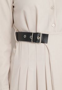 Born2be - Beżowa Sukienka Koszulowa z Plisowanym Asymetrycznym Dołem z Paskiem Vattea. Kolor: beżowy. Typ sukienki: asymetryczne, koszulowe #6