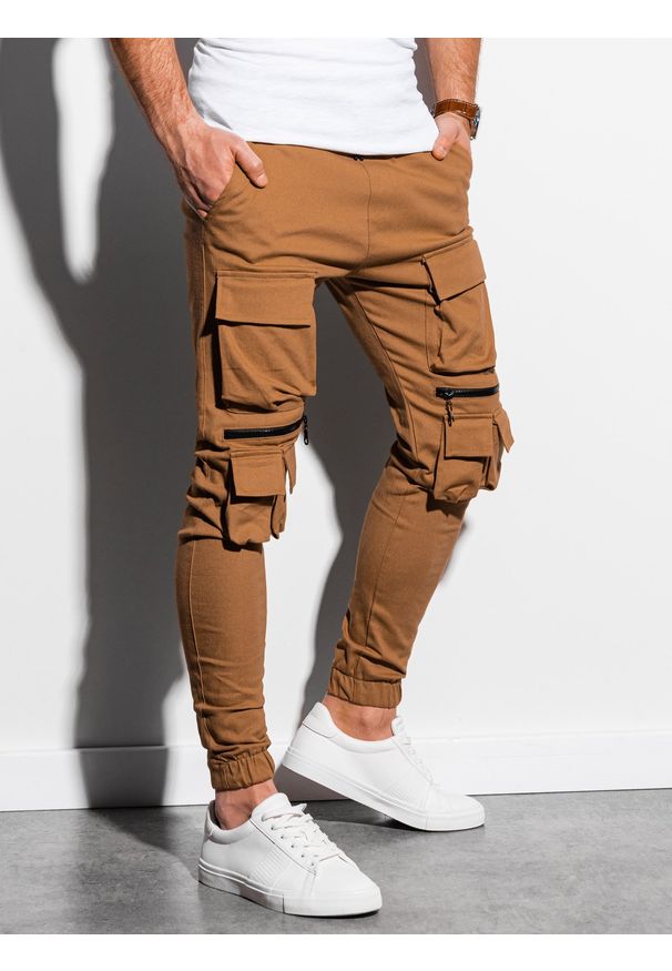 Ombre Clothing - Spodnie męskie joggery P995 - camel - XXL. Materiał: elastan, bawełna