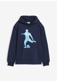 bonprix - Bluza z kapturem z miękkiej mieszanki bawełny. Typ kołnierza: kaptur. Kolor: niebieski. Materiał: bawełna. Wzór: nadruk