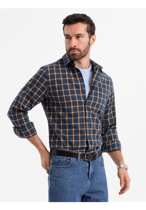 Ombre Clothing - Męska flanelowa koszula w kratę SLIM FIT - granatowo-pomarańczowa V1 - Rozmiar: S. Kolor: niebieski. Materiał: bawełna. Długość rękawa: długi rękaw. Długość: długie. Wzór: aplikacja