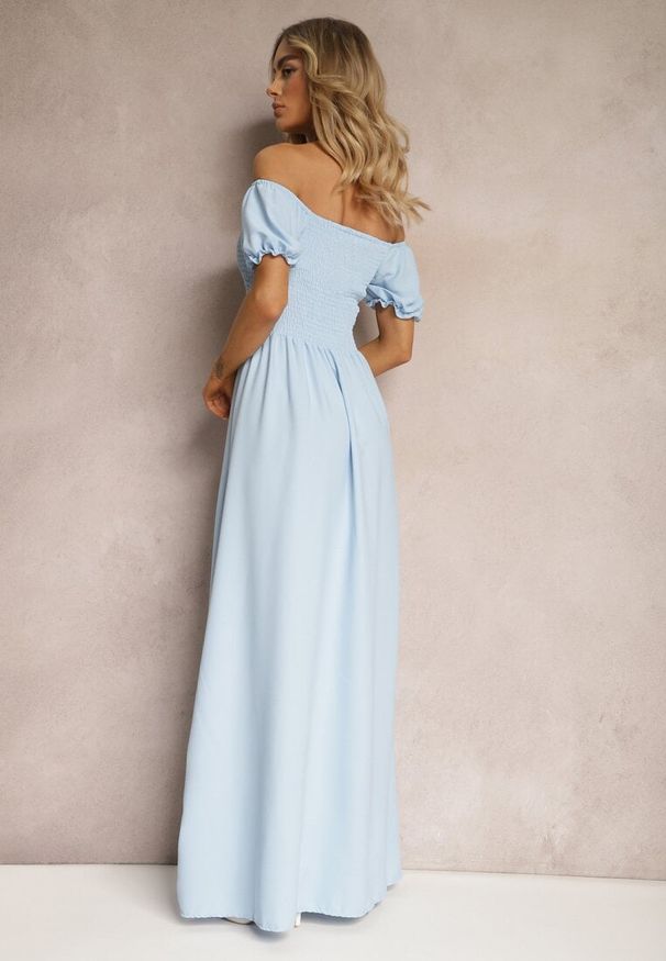 Renee - Jasnoniebieska Sukienka z Gumeczkami w Talii i Przy Dekolcie z Rozkloszowanym Dołem Anideta. Okazja: na co dzień. Kolor: niebieski. Typ sukienki: rozkloszowane, proste. Styl: casual, elegancki