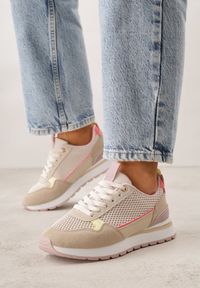 Renee - Ciemnobeżowe Sneakersy z Siateczką i Modnymi Wstawkami Corona. Okazja: na co dzień. Kolor: beżowy. Materiał: jeans #9