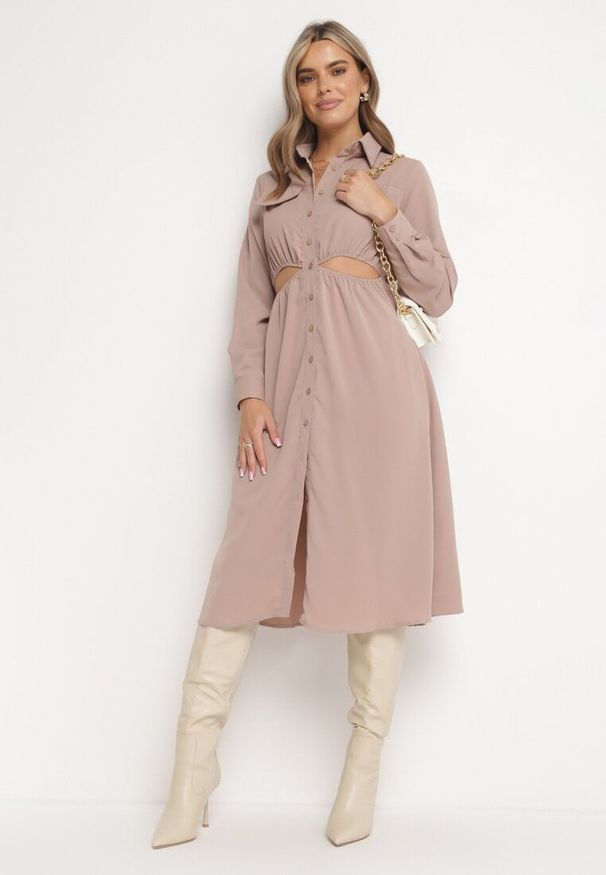 Born2be - Beżowa Sukienka Koszulowa Pildia. Okazja: na co dzień. Kolor: beżowy. Materiał: tkanina. Długość rękawa: długi rękaw. Typ sukienki: koszulowe. Styl: elegancki, casual. Długość: midi