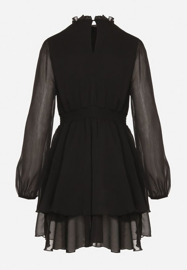 Born2be - Czarna Rozkloszowana Sukienka Siateczkowa z Bufiastymi Rękawami Isovana. Okazja: na co dzień. Kolor: czarny. Styl: casual, elegancki