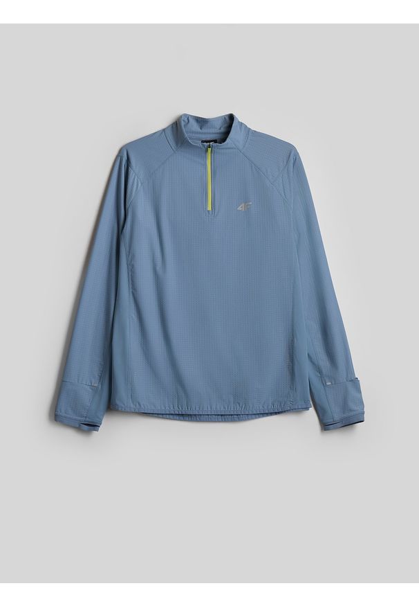 4f - 4F Bluza do biegania slim bez kaptura męska - denim S. Typ kołnierza: bez kaptura. Kolor: niebieski. Materiał: denim. Długość rękawa: raglanowy rękaw. Wzór: nadruk. Styl: klasyczny