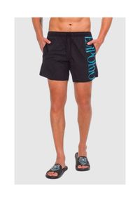 Emporio Armani - EMPORIO ARMANI Czarne męskie szorty kąpielowe z turkusowym logo, Rozmiar 50. Kolor: czarny. Materiał: poliester #1