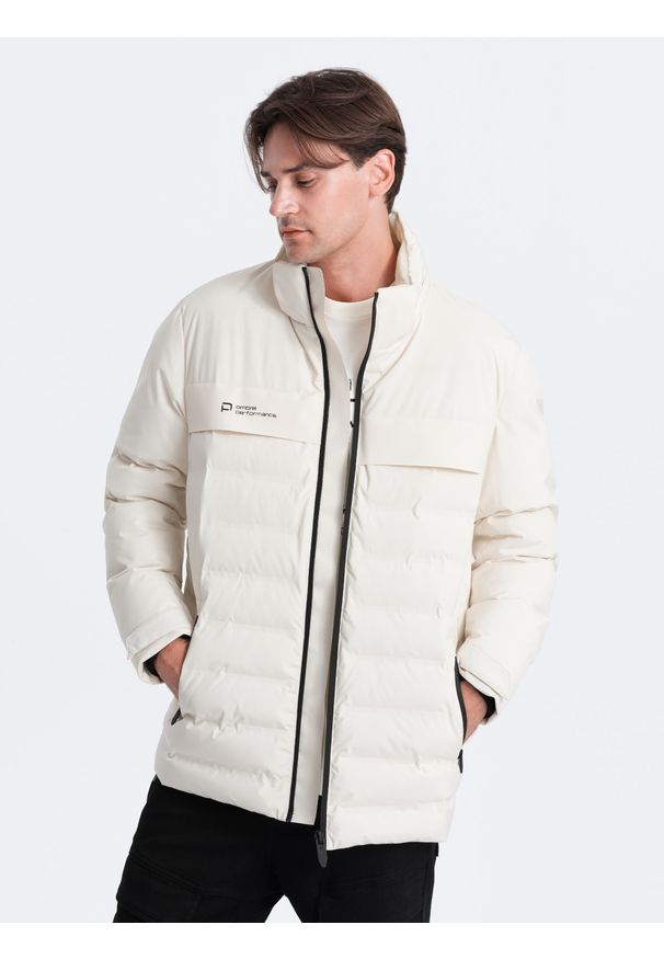 Ombre Clothing - Zimowa kurtka męska z odpinanym kapturem - kremowa V2 - Rozmiar: L. Kolor: kremowy. Materiał: poliester, polar. Sezon: zima