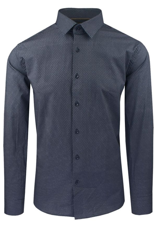 Taliowana Koszula Męska - Victorio - Drobny Wzór, Granat. Kolor: niebieski. Materiał: elastan, bawełna. Styl: elegancki