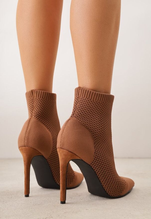 Renee - Brązowe Botki VICES na Szpilce z Elastyczną Dzianinową Cholewką Dedanna. Zapięcie: bez zapięcia. Kolor: brązowy. Materiał: dzianina. Szerokość cholewki: normalna. Obcas: na szpilce