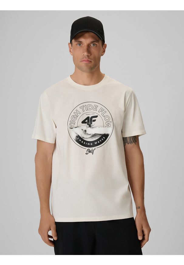 4f - 4F T-shirt regular z nadrukiem męski - biały XXL. Okazja: na co dzień. Kolor: biały. Materiał: bawełna, dzianina. Wzór: nadruk. Styl: casual, klasyczny, sportowy